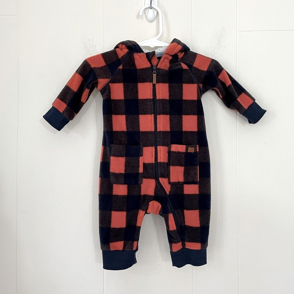 7 For All Mankind Baby Hooded One Piece Jumpsuit ~ Plaid Fleece ~ Sz 0-3 Months